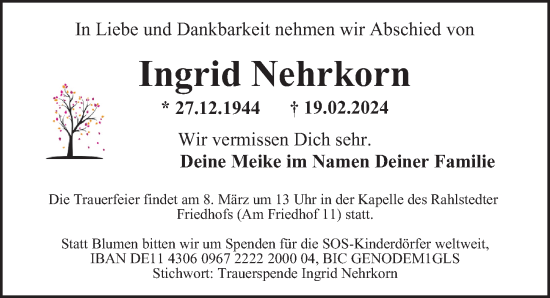 Traueranzeige von Ingrid Nehrkorn von Hamburger Abendblatt