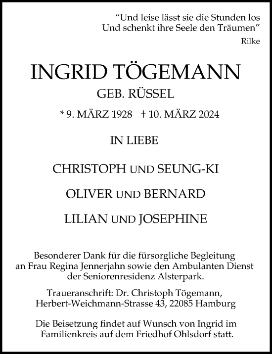 Traueranzeige von Ingrid Tögemann von Hamburger Abendblatt