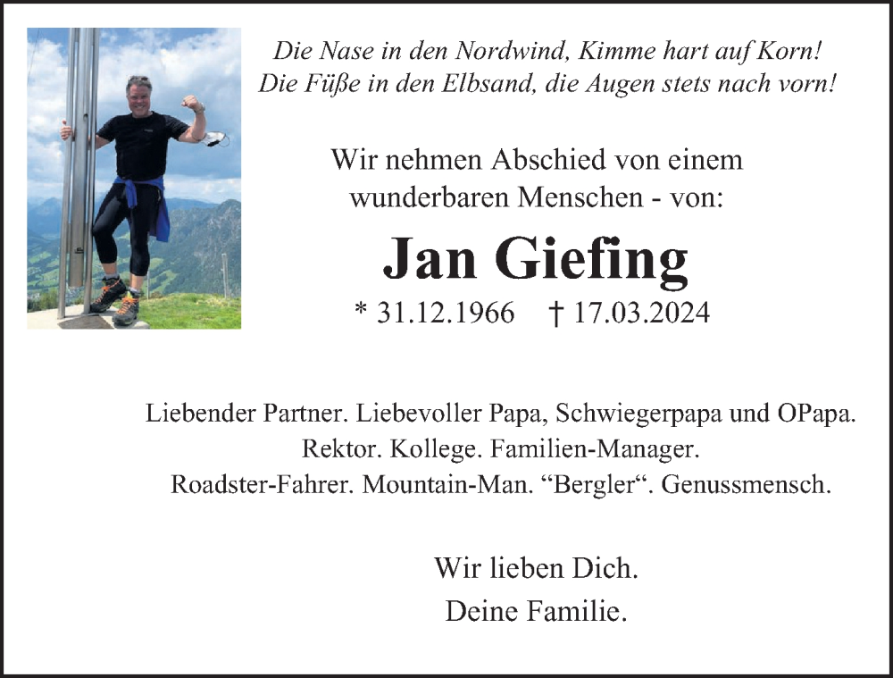  Traueranzeige für Jan Giefing vom 30.03.2024 aus Hamburger Abendblatt