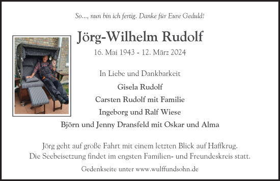 Traueranzeige von Jörg-Wilhelm Rudolf von Hamburger Abendblatt