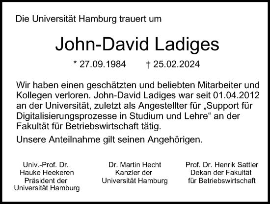 Traueranzeige von John-David Ladiges von Hamburger Abendblatt
