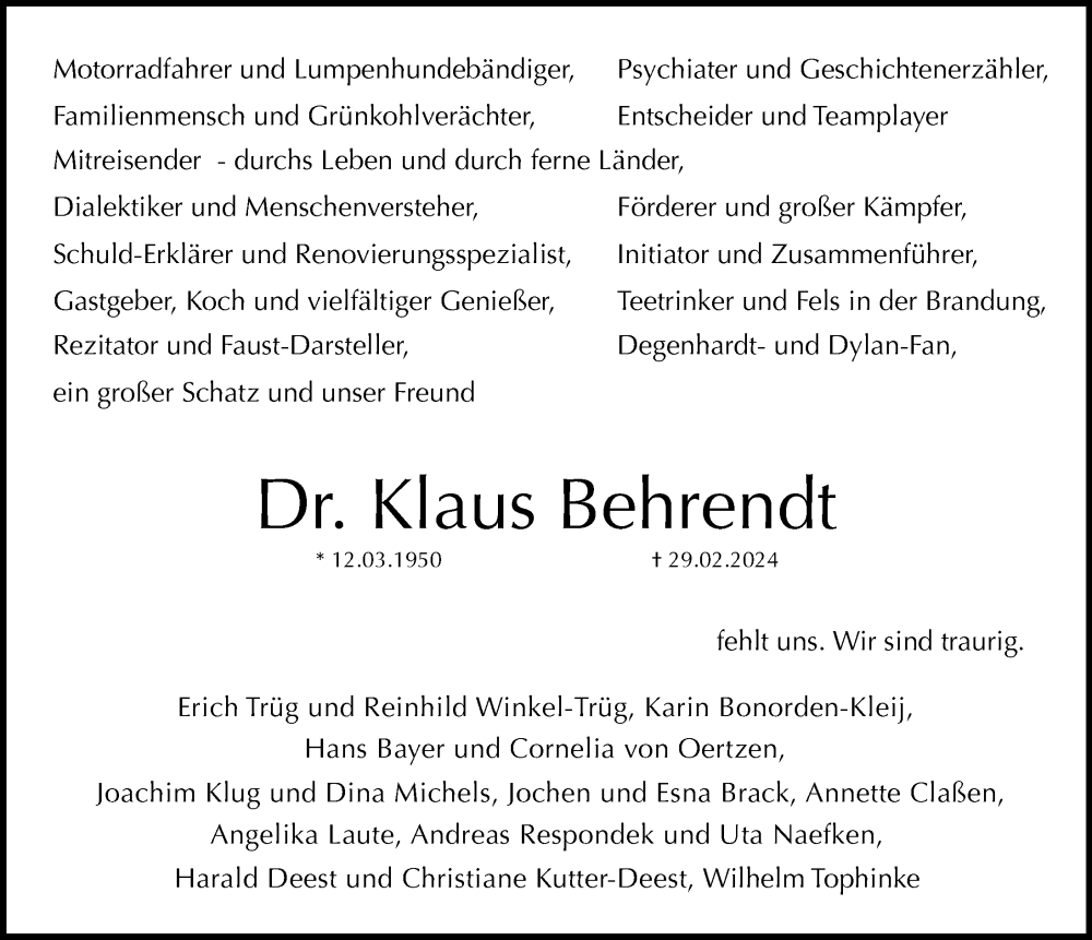  Traueranzeige für Klaus Behrendt vom 23.03.2024 aus Hamburger Abendblatt
