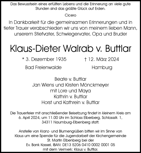 Traueranzeige von Klaus-Dieter Walrab v. Buttlar von Hamburger Abendblatt