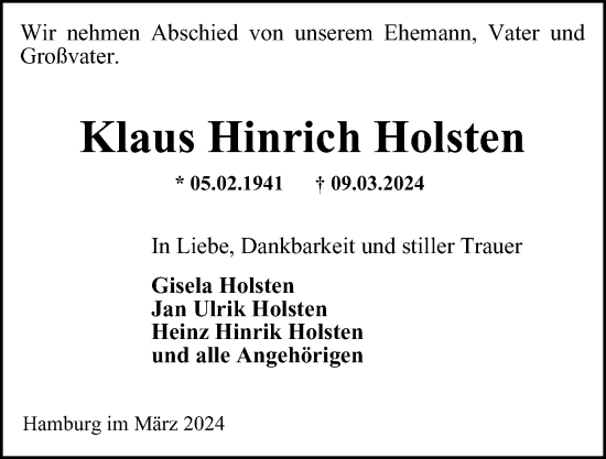 Traueranzeige von Klaus Hinrich Holsten von Hamburger Abendblatt