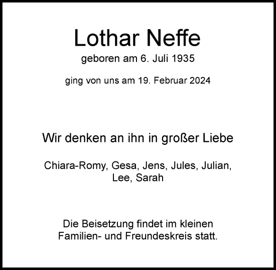 Traueranzeige von Lothar Neffe von Hamburger Abendblatt