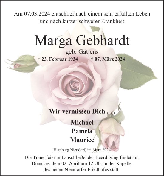 Traueranzeige von Marga Gebhardt 