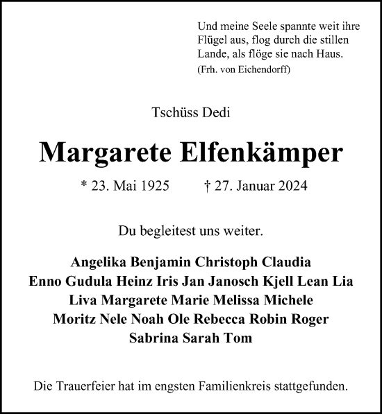 Traueranzeige von Margarete Elfenkämper von Hamburger Abendblatt