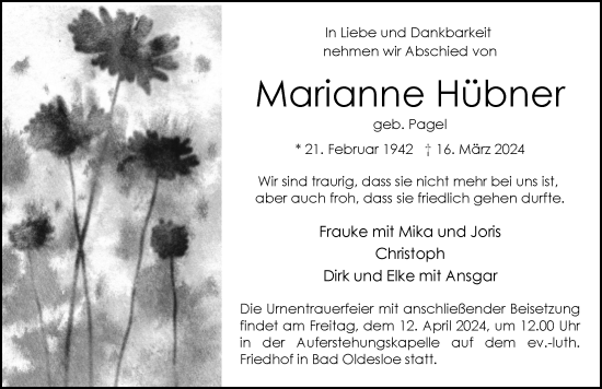 Traueranzeige von Marianne Hübner von Hamburger Abendblatt