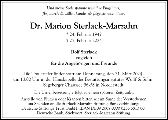 Traueranzeige von Marion Sterlack-Marzahn von HA Regio Norderstedt