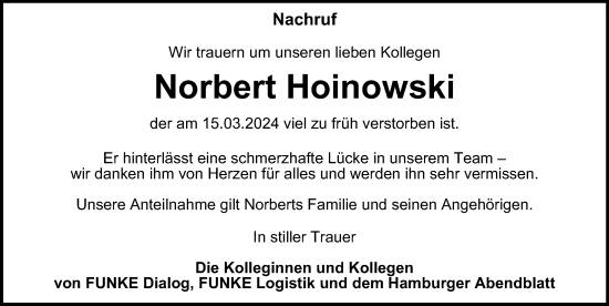 Traueranzeige von Norbert Hoinowski von Hamburger Abendblatt