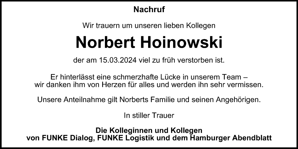  Traueranzeige für Norbert Hoinowski vom 30.03.2024 aus Hamburger Abendblatt