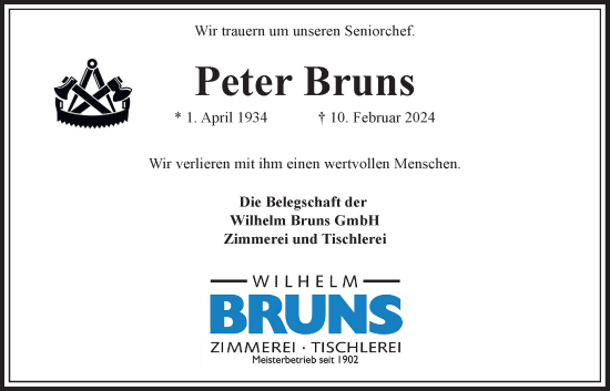 Traueranzeige von Peter Bruns von Bergedorfer Zeitung