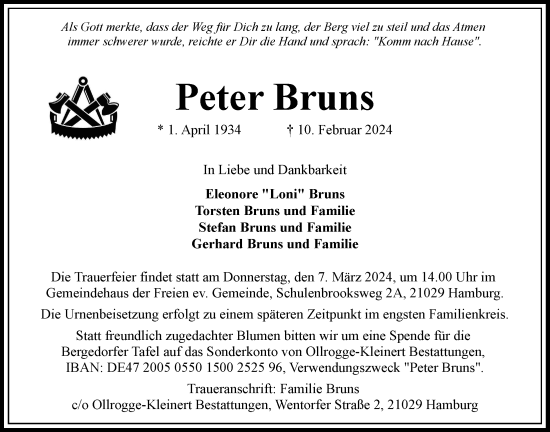 Traueranzeige von Peter Bruns von Bergedorfer Zeitung