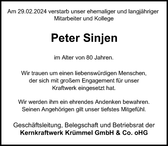 Traueranzeige von Peter Sinjen von Bergedorfer Zeitung