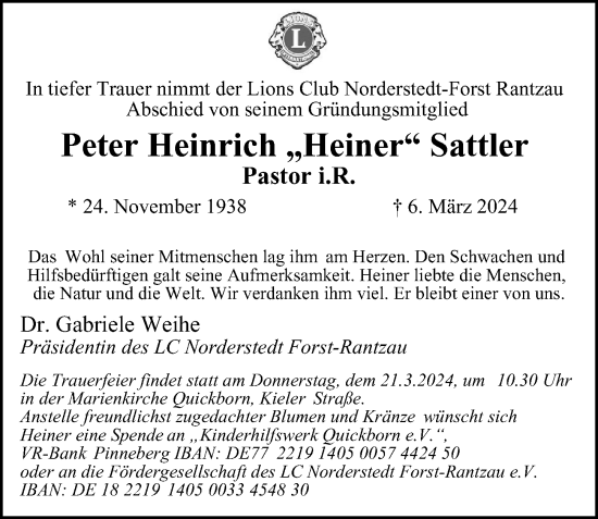 Traueranzeige von Peter Heinrich Sattler von HA Regio Norderstedt