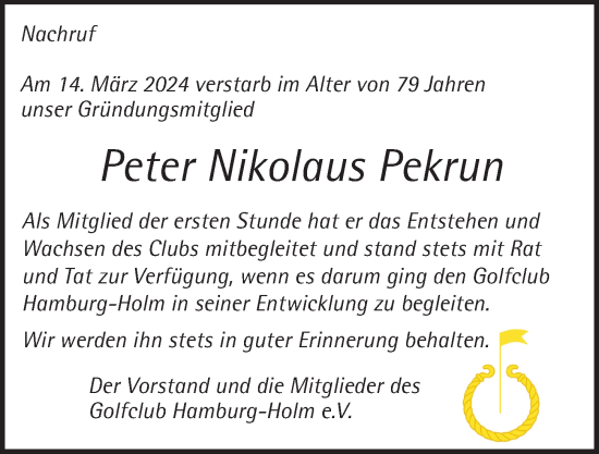 Traueranzeige von Peter Nikolaus Pekrun von Hamburger Abendblatt