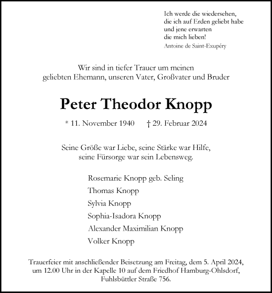 Traueranzeige von Peter Theodor Knopp von Hamburger Abendblatt