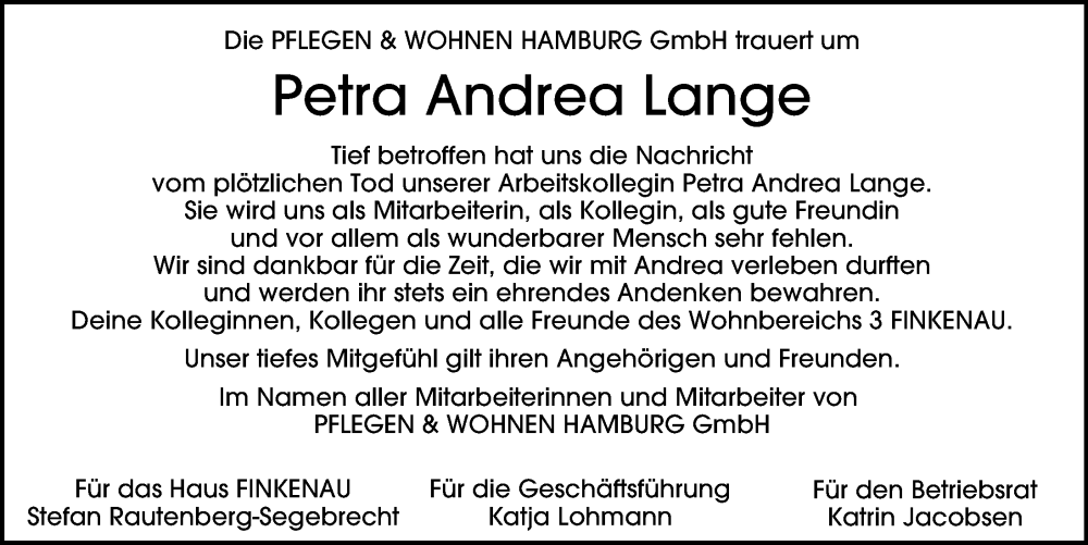  Traueranzeige für Petra Andrea Lange vom 30.03.2024 aus 