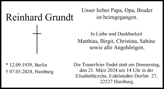 Traueranzeige von Reinhard Grundt von Hamburger Abendblatt