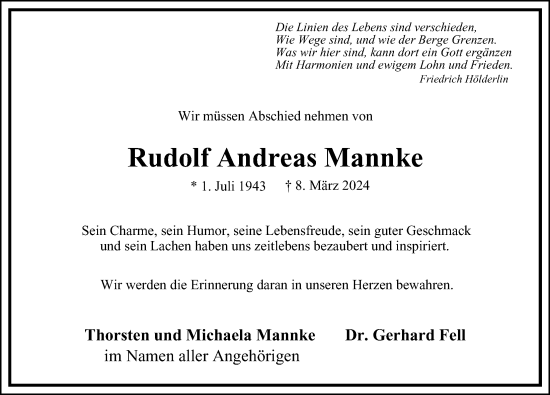 Traueranzeige von Rudolf Andreas Mannke von Hamburger Abendblatt