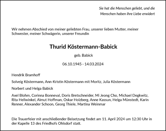 Traueranzeige von Thurid Köstermann-Babick von Hamburger Abendblatt