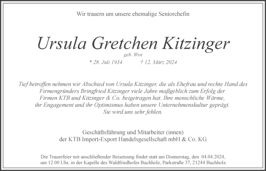 Traueranzeige von Ursula Gretchen Kitzinger von Hamburger Abendblatt