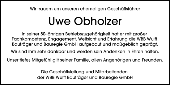 Traueranzeige von Uwe Obholzer von Hamburger Abendblatt