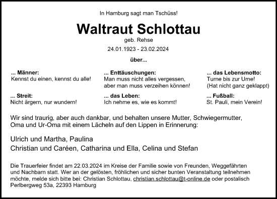 Traueranzeige von Waltraut Schlottau von Hamburger Abendblatt