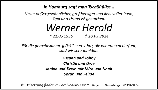 Traueranzeige von Werner Herold von Hamburger Abendblatt