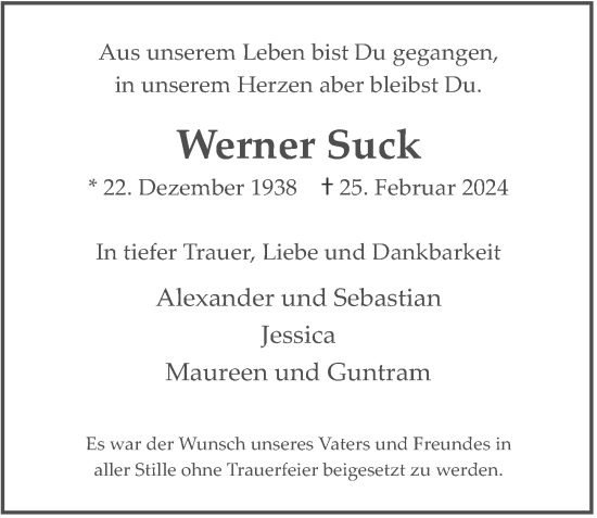 Traueranzeige von Werner Suck von Hamburger Abendblatt