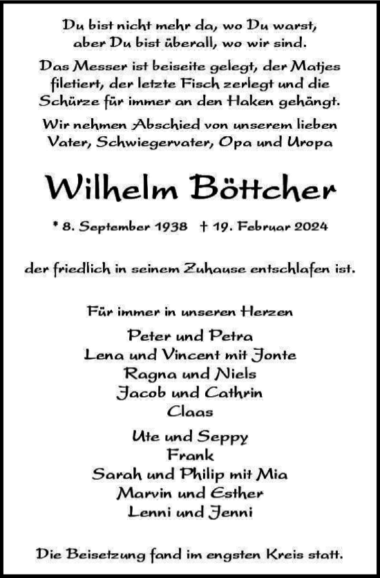 Traueranzeige von Wilhelm Böttcher von Hamburger Abendblatt