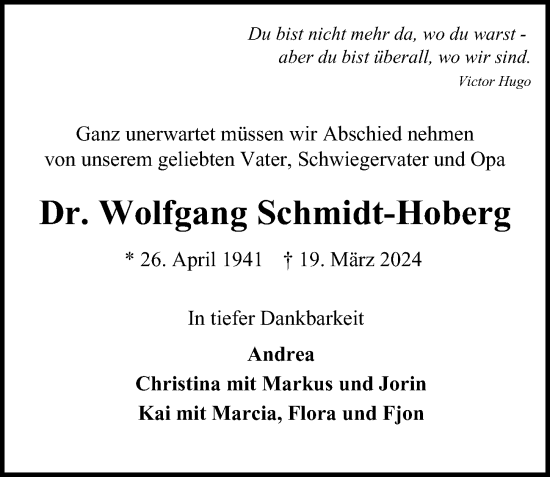 Traueranzeige von Wolfgang Schmidt-Hoberg von Hamburger Abendblatt