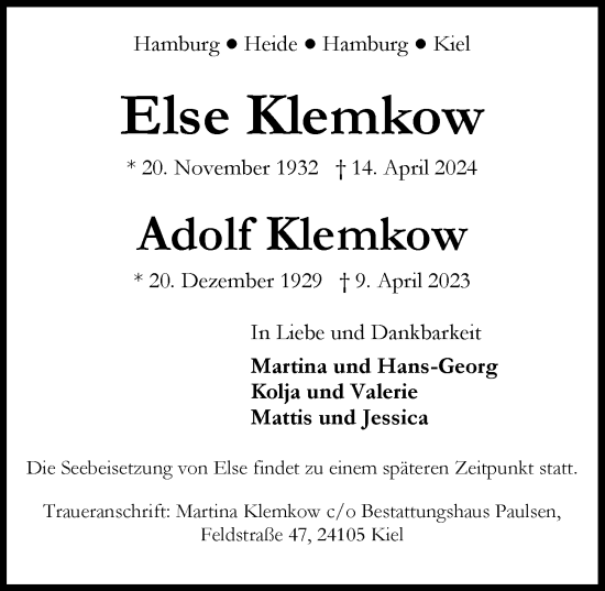 Traueranzeige von Adolf Klemkow von Hamburger Abendblatt