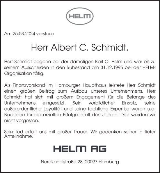 Traueranzeige von Albert C. Schmidt von Hamburger Abendblatt