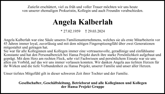 Traueranzeige von Angela Kalberlah von Hamburger Abendblatt