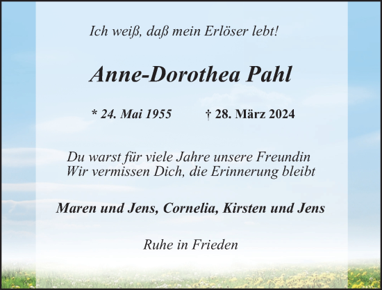 Traueranzeige von Anne-Dorothea Pahl von Bergedorfer Zeitung