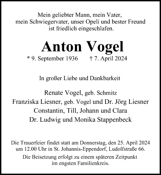 Traueranzeige von Anton Vogel von Hamburger Abendblatt