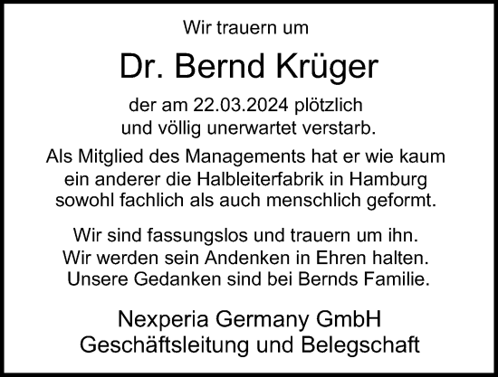 Traueranzeige von Bernd Krüger von Hamburger Abendblatt