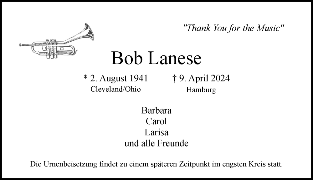  Traueranzeige für Bob Lanese vom 20.04.2024 aus Hamburger Abendblatt