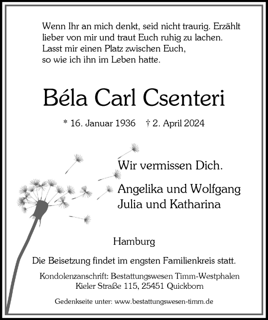 Traueranzeige von Béla Carl Csenteri von Hamburger Abendblatt
