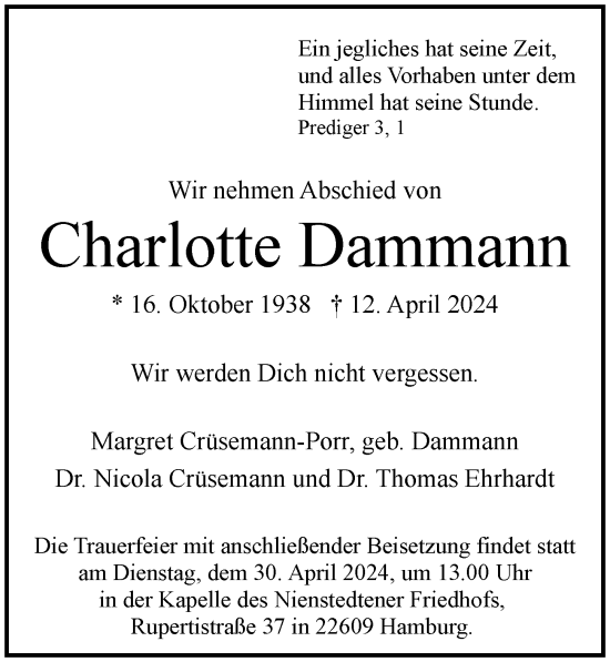 Traueranzeige von Charlotte Dammann von Hamburger Abendblatt