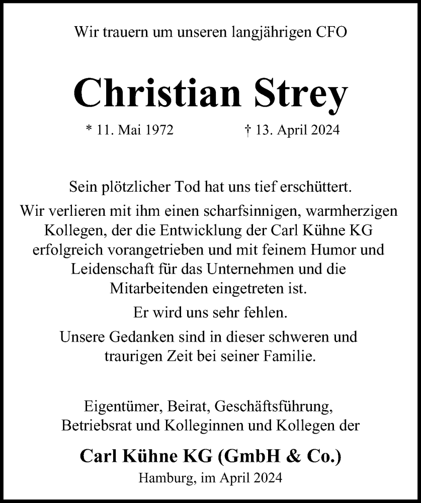  Traueranzeige für Christian Strey vom 20.04.2024 aus Hamburger Abendblatt