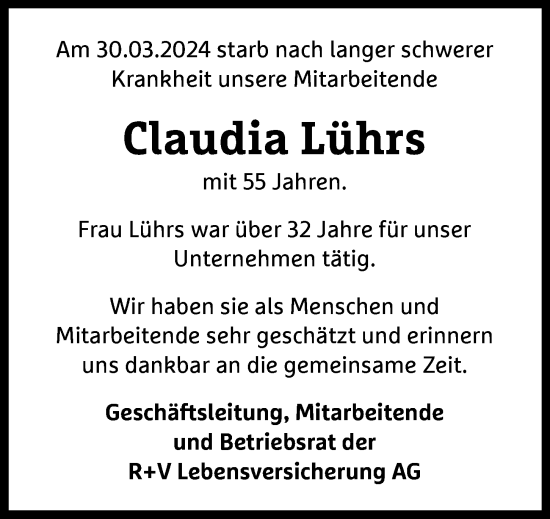 Traueranzeige von Claudia Lührs von Hamburger Abendblatt