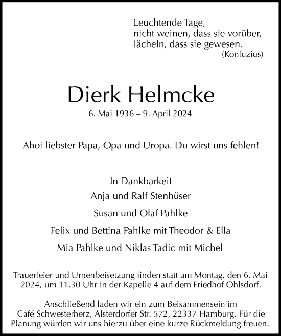 Traueranzeige von Dierk Helmcke von Hamburger Abendblatt