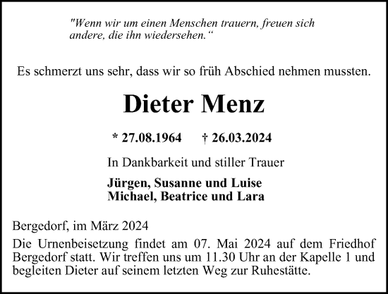 Traueranzeige von Dieter Menz von Bergedorfer Zeitung