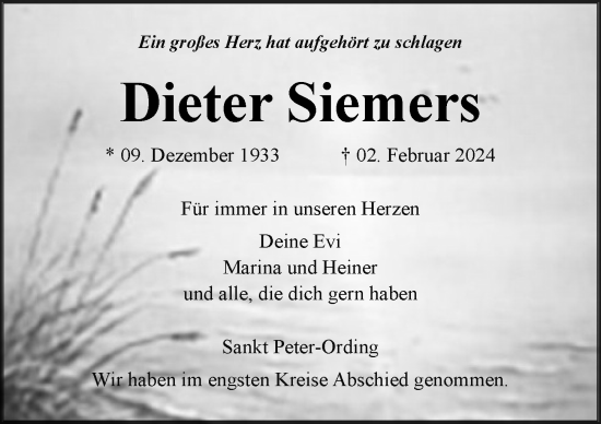 Traueranzeige von Dieter Siemers von Hamburger Abendblatt