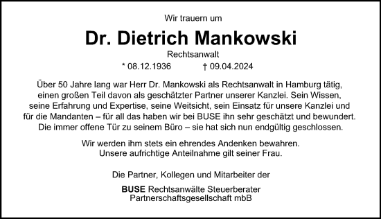 Traueranzeige von Dietrich Mankowski von Hamburger Abendblatt