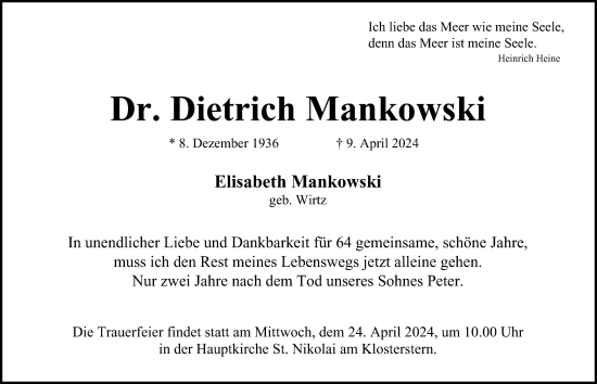 Traueranzeige von Dietrich Mankowski von Hamburger Abendblatt