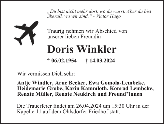 Traueranzeige von Doris Winkler von Hamburger Abendblatt