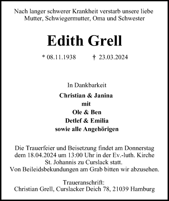 Traueranzeige von Edith Grell von Bergedorfer Zeitung